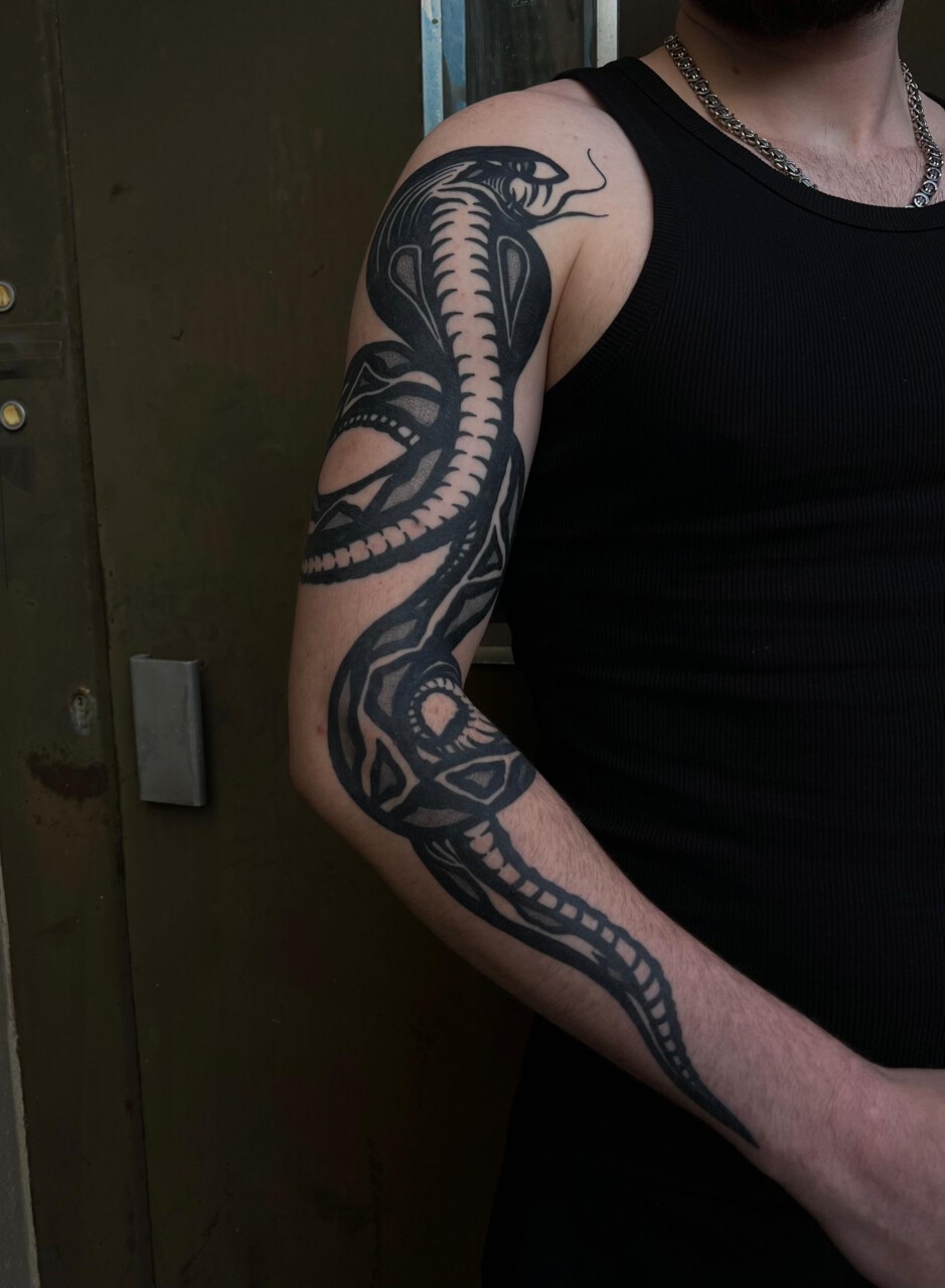 Blackwork Tattoo Schlange als Sleeve am Arm — Elias, Blank Tattoo Hildesheim