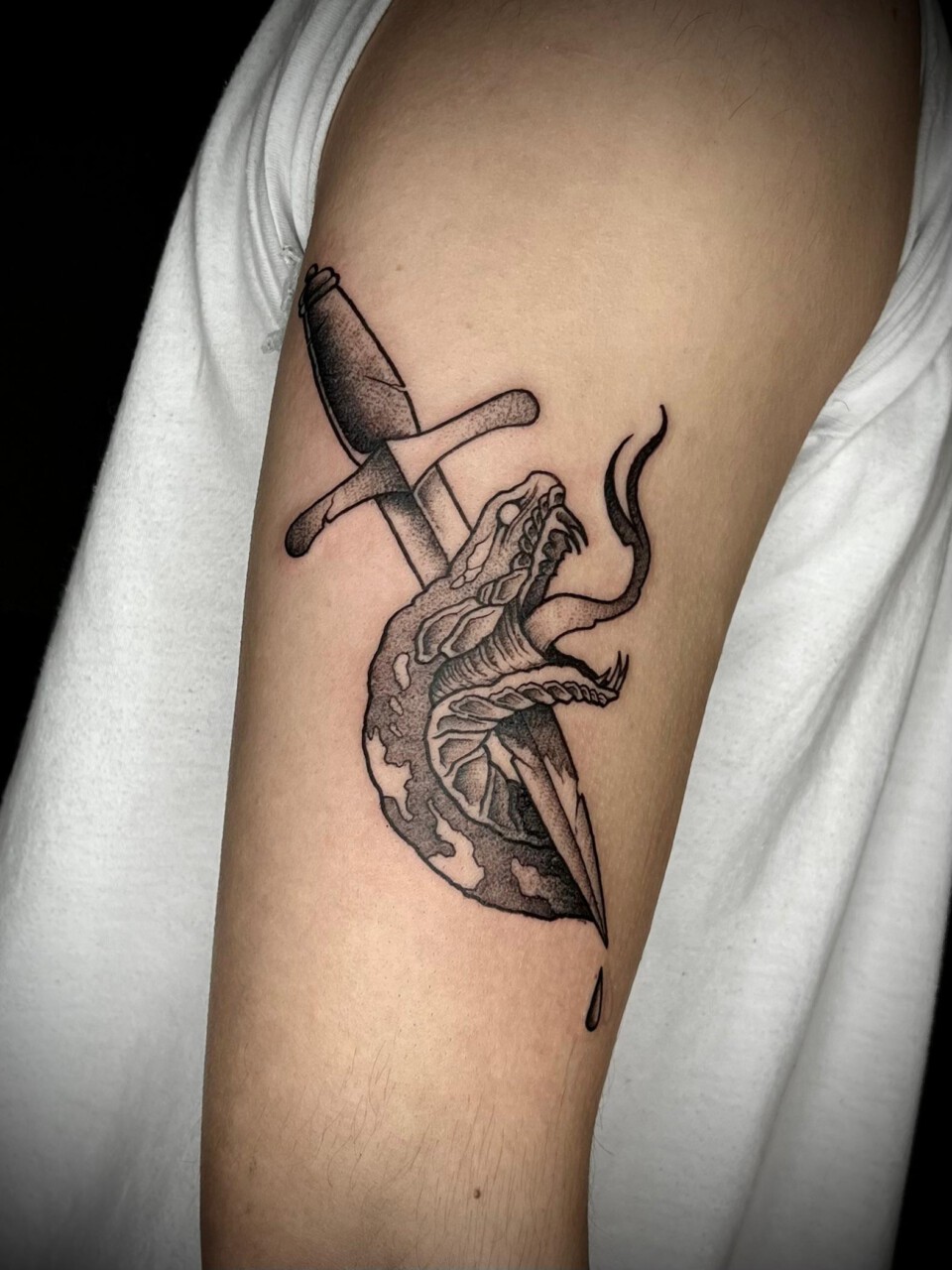 Neotraditional Tattoo Dolch mit Schlange am Oberarm — Mel, Blank Tattoo Hildesheim