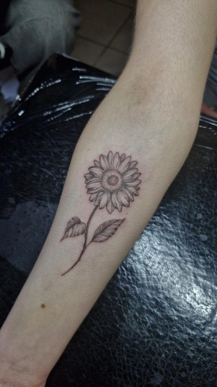 Fineline Tattoo Sonnenblume mit Stiel und Blättern am Unterarm, Nicol, Blank Tattoo Hildesheim