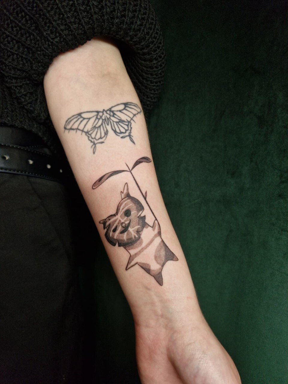 Fineline Tattoo Korok aus Zelda im Comic-Stil am Unterarm, Nicol, Blank Tattoo Hildesheim