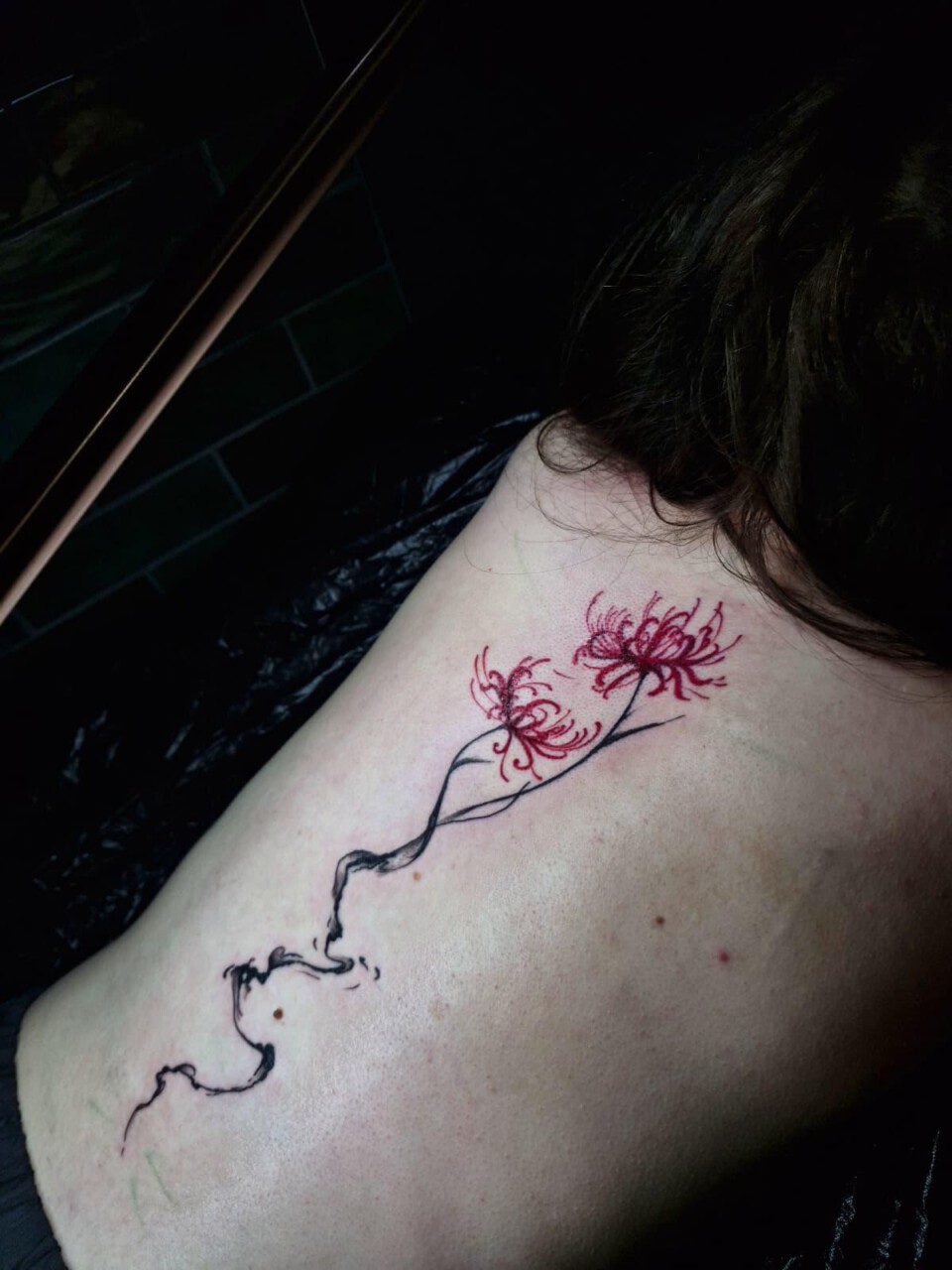 Fineline Tattoo rote Spinnenlilien mit schwarzen Stielen am Rücken, Nicol, Blank Tattoo Hildesheim